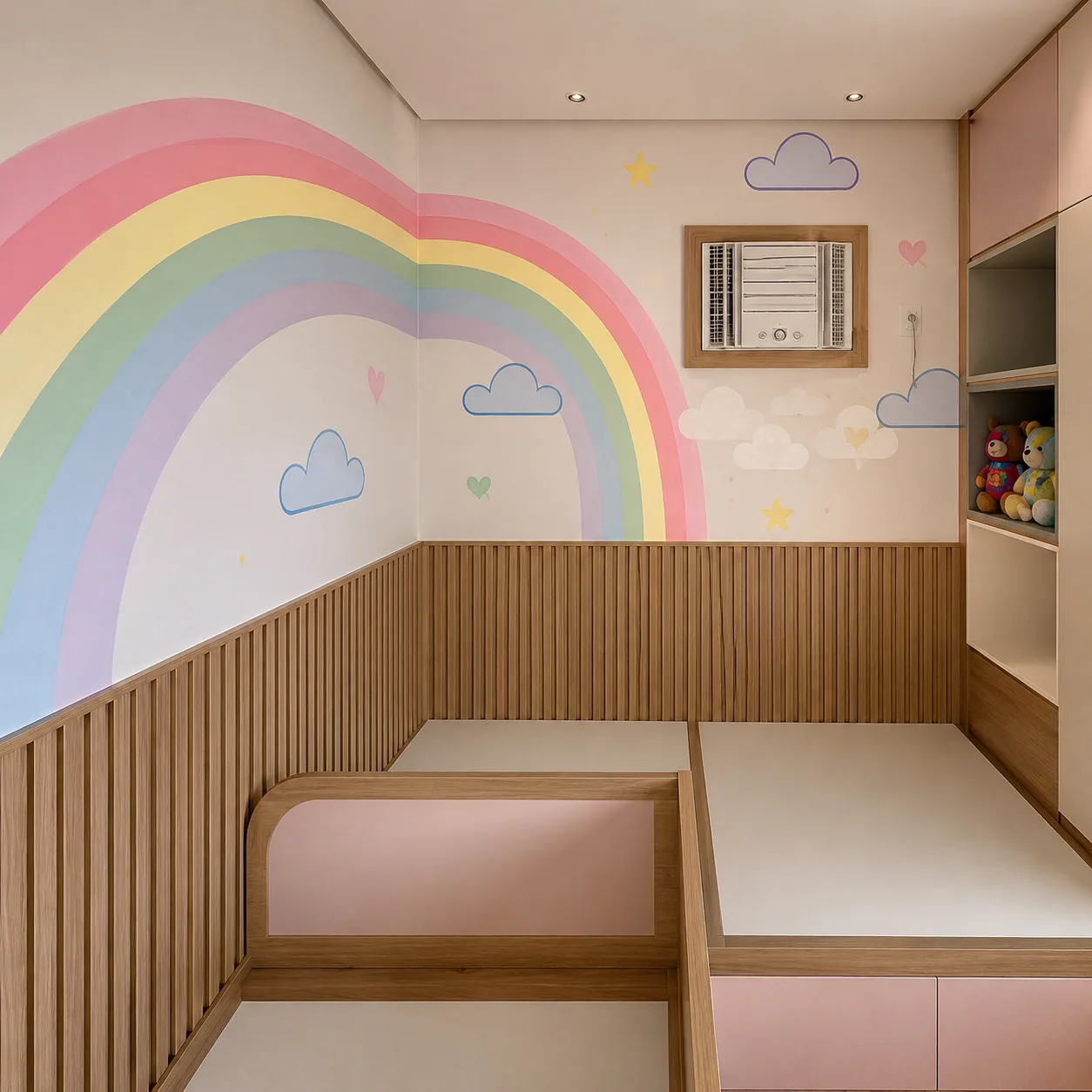 Pintura de arco íris com nuvens e estrelas para quarto infantil, arte em parede feita à mão por Uma Brisa Criativa