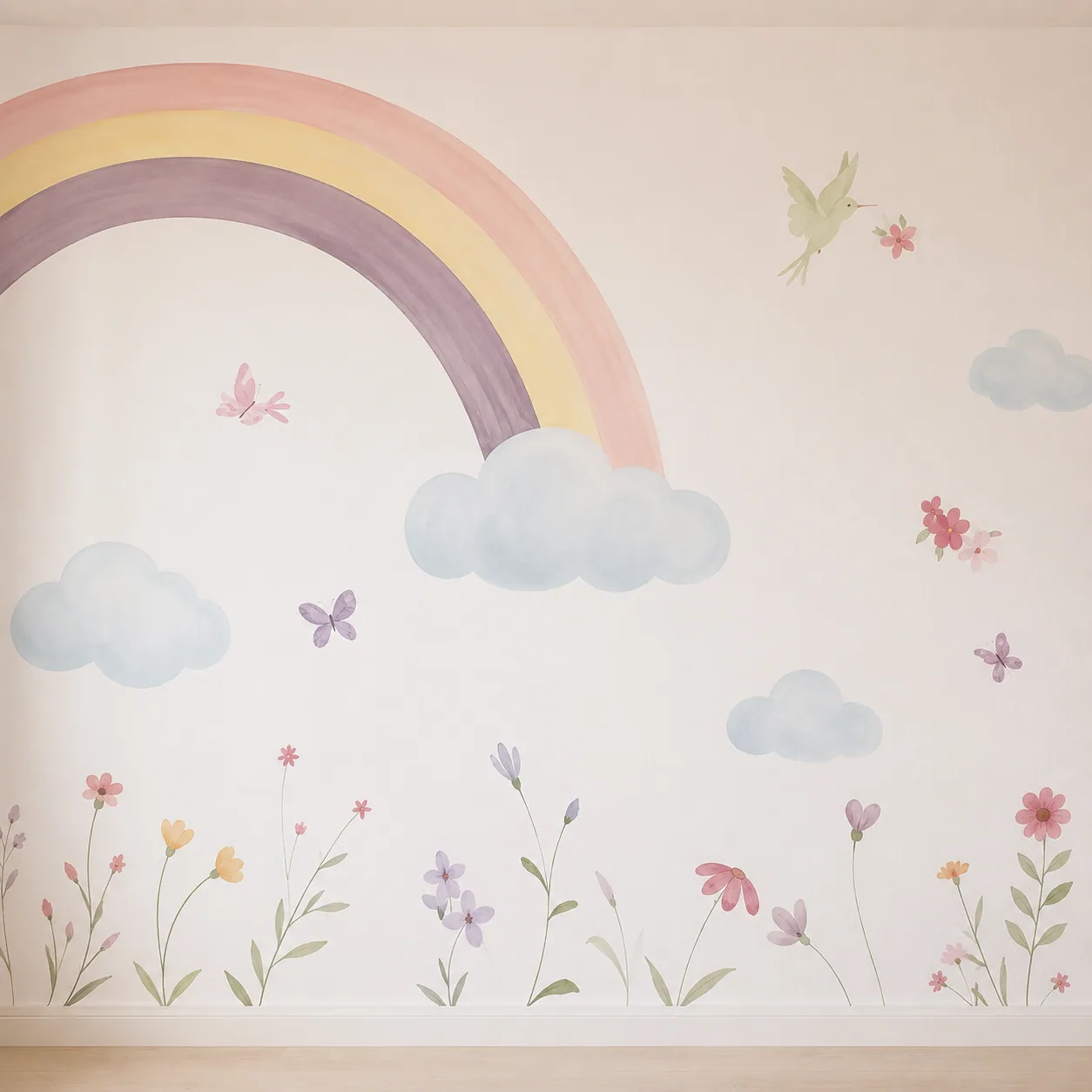 Pintura infantil em aquarela com flores silvestres, borboletas e beija-flor para quarto, Uma Brisa Criativa