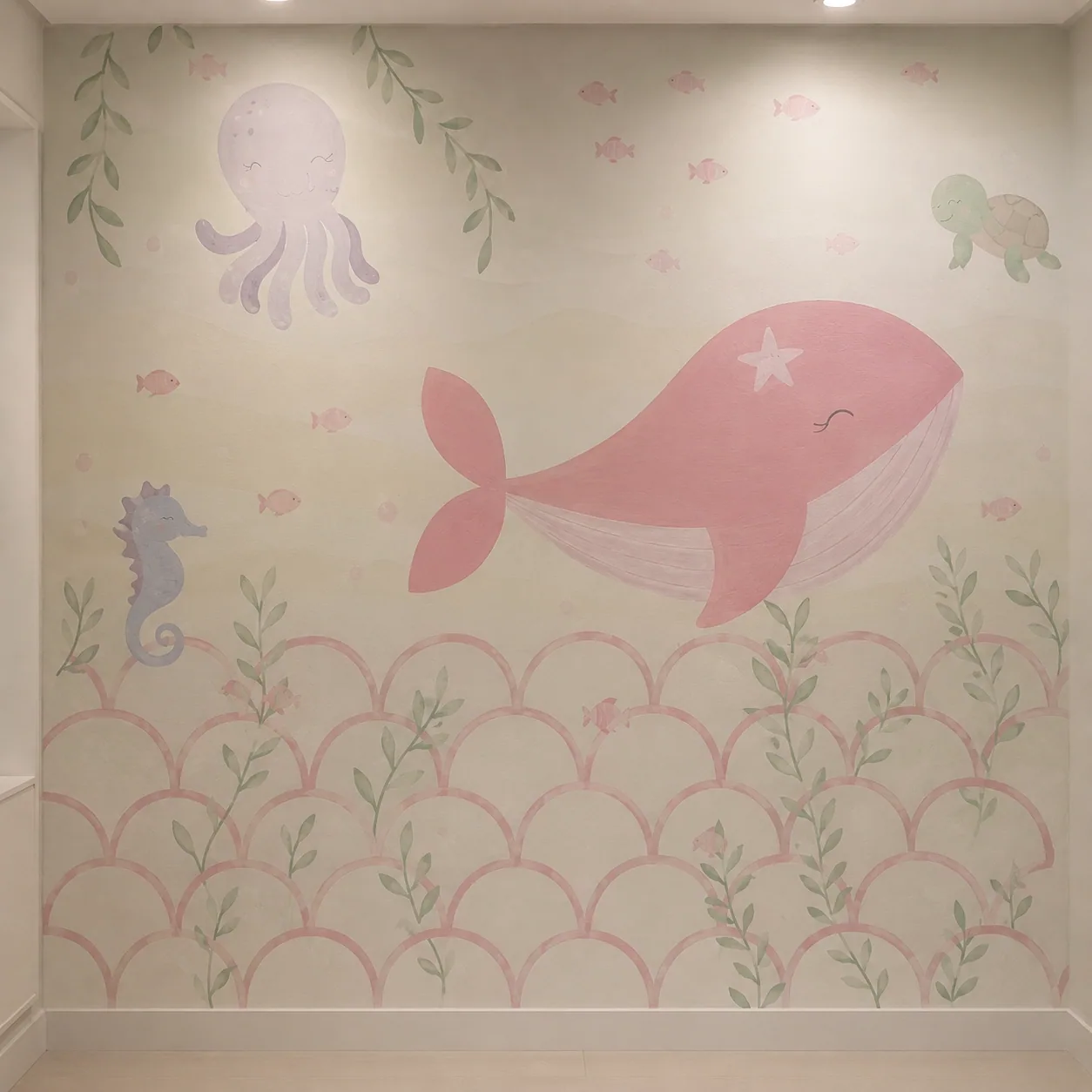 Pintura lúdica de fundo do mar com bichinhos aquáticos em tons pastéis para quarto de bebê, arte por Uma Brisa Criativa