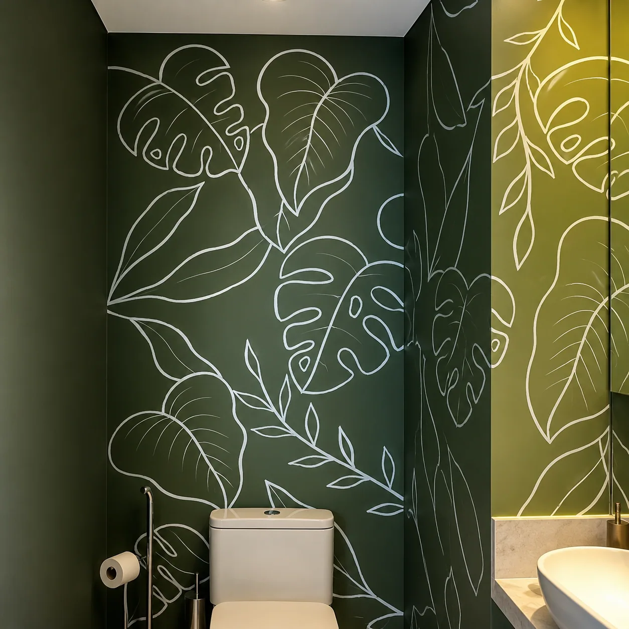 Pintura botânica em linhas brancas sobre verde oliva para lavabo, arte em parede por Uma Brisa Criativa