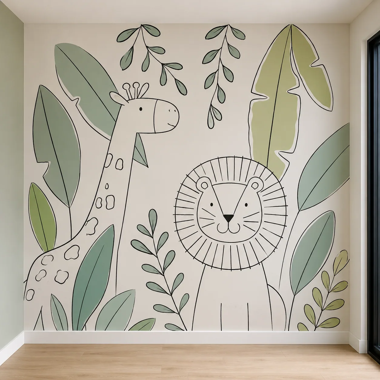 Parede transformada em mural safari moderno em linhas