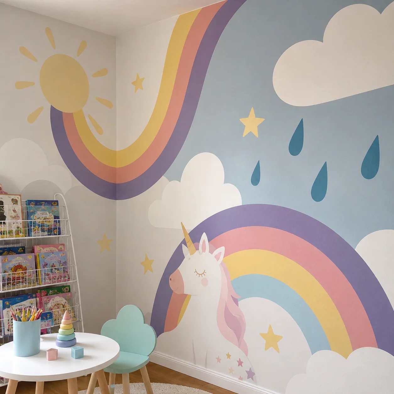 Pintura de unicórnio com arco íris mágico e nuvens em flat design suave para quarto infantil, arte por Uma Brisa Criativa