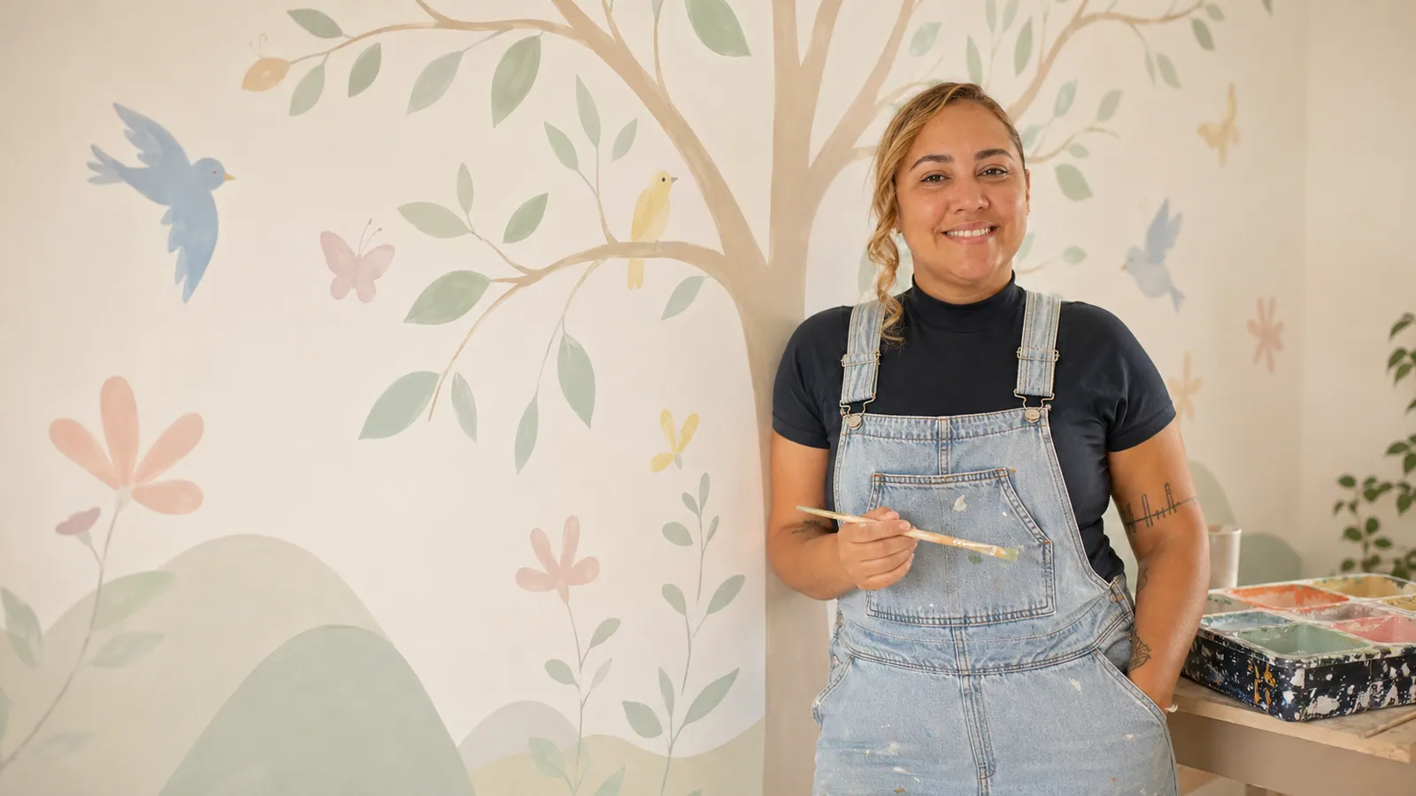 Brisa, artista da Uma Brisa Criativa, sorrindo em frente a um mural pintado à mão de árvore com passarinhos e flores