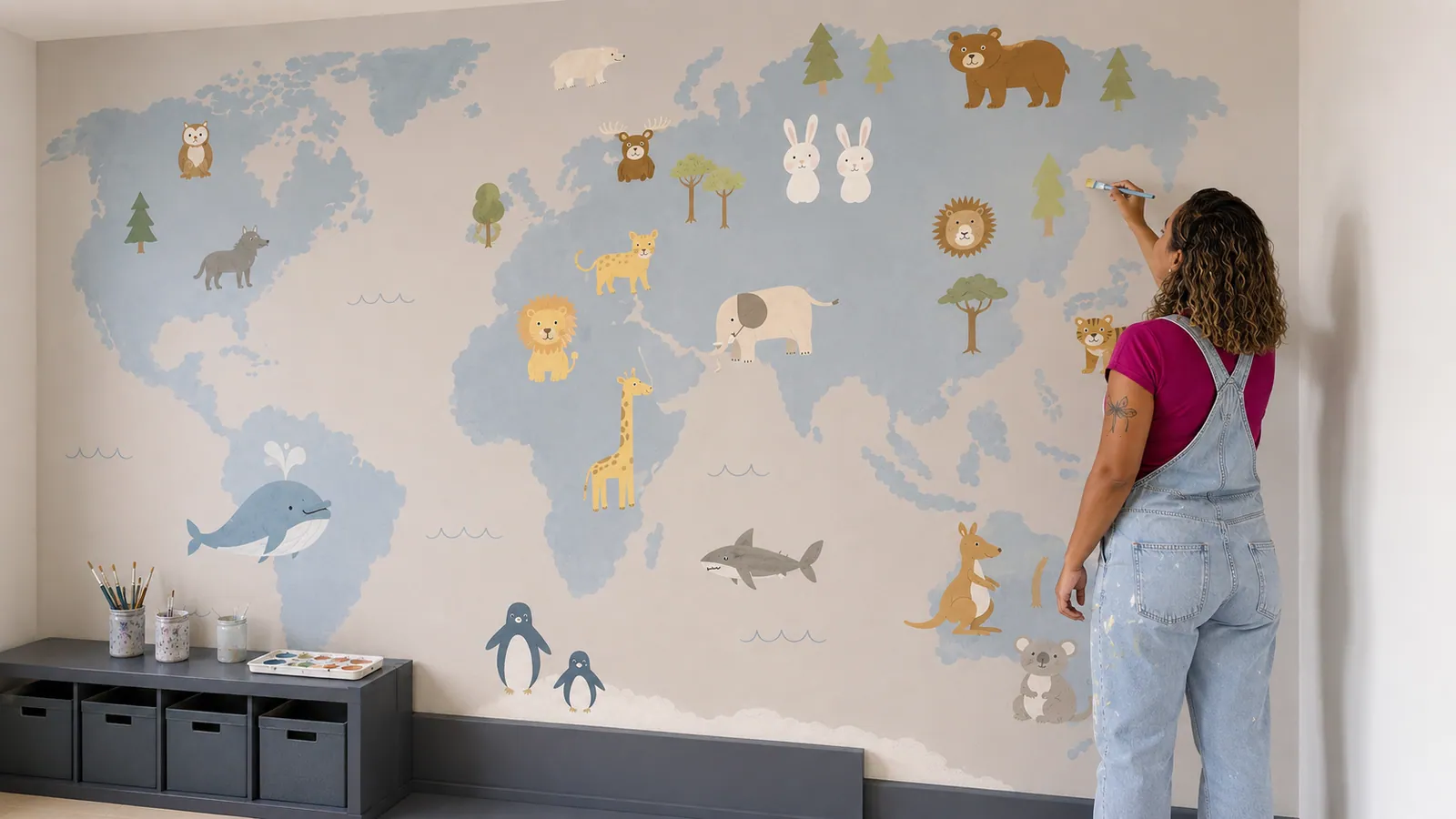 Brisa pintando mural de mapa-múndi com animais ilustrados em quarto infantil em Salvador