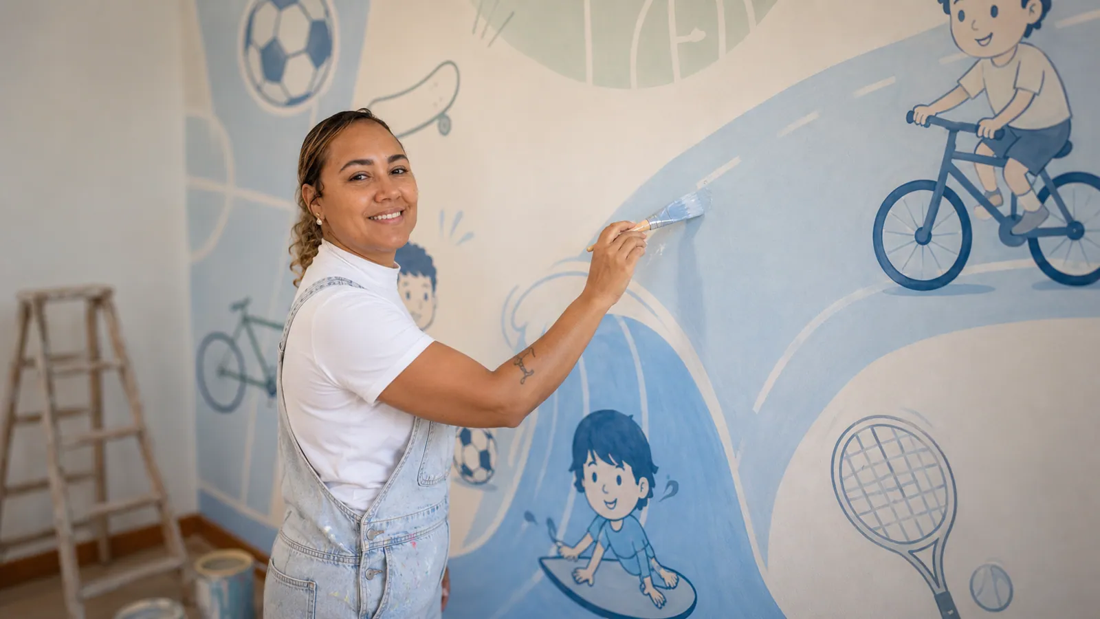 Brisa pintando mural azul com crianças praticando esportes em quarto de menino