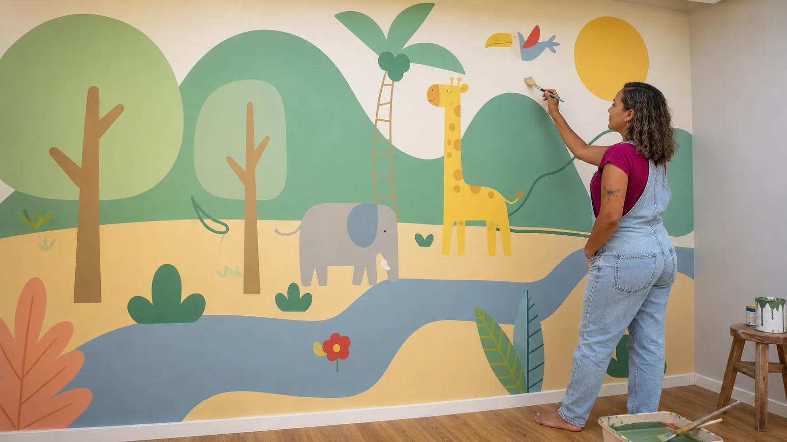 Brisa pintando mural de safari infantil com girafa, elefante e árvores tropicais para quarto de criança