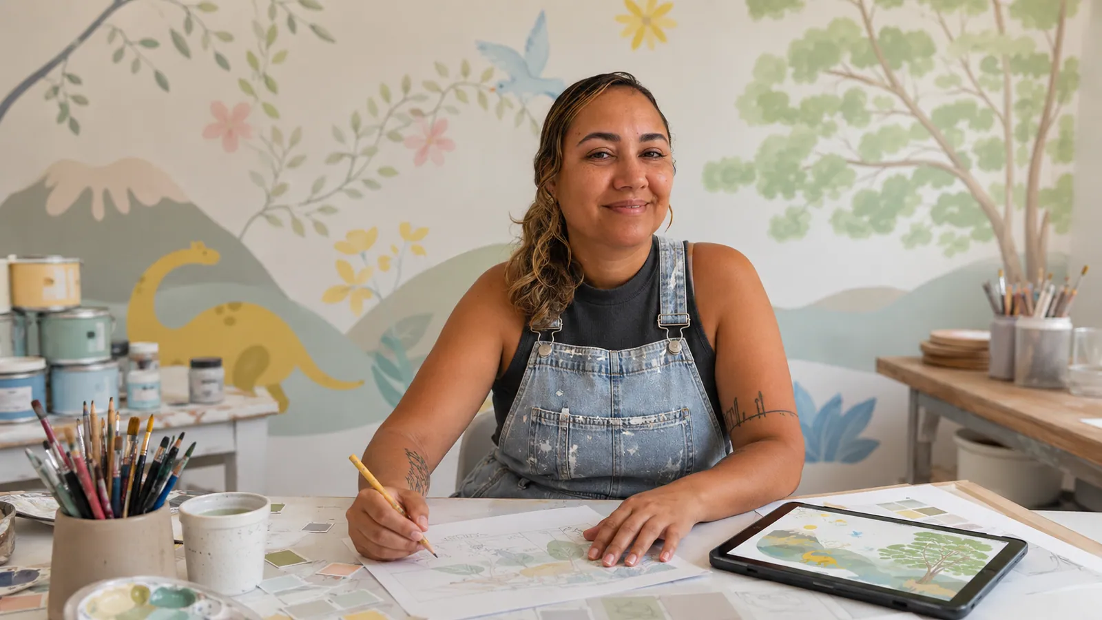 Brisa desenhando esboço digital com iPad e pincéis ao redor