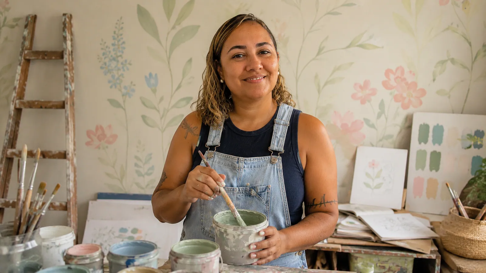 Brisa preparando tintas à base de água no ateliê